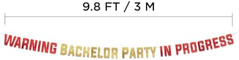 Warning Bachelor Party in Progress Red Gold Glitter Banner