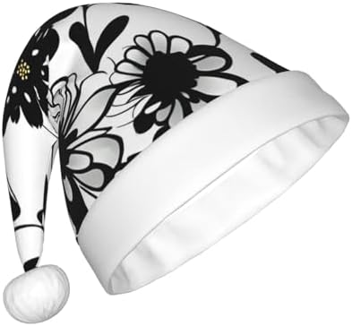 QINZHENG Black and White Flowers Santa Hat for Women