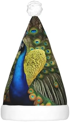 QINZHENG Peacock Feather Print Velvet Santa Hat with LED Lights