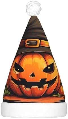 QINZHENG Halloween Pumpkin Print Velvet Santa Hat with LED Lights