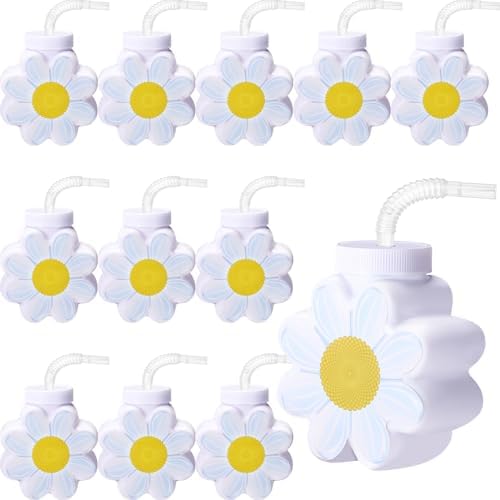 Domensi 10oz Daisy Flower Cups with Lids and Straws 12 Pcs