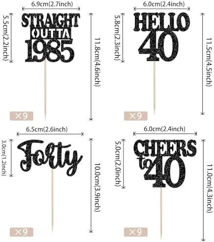36PCS Happy 40th Birthday Cupcake Toppers Black Glitter