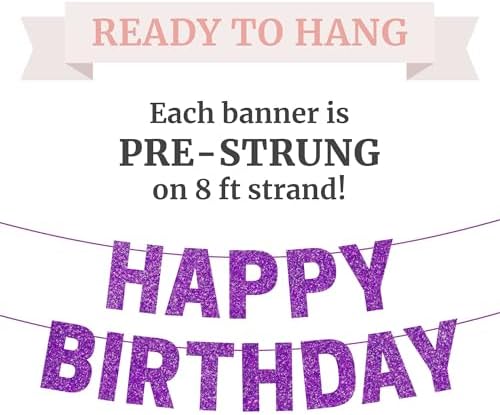 Pre-Strung Purple Glitter Happy Birthday Banner for Girls Women