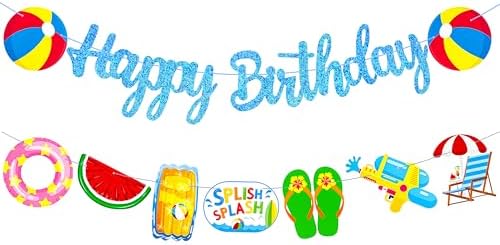 Glitter Blue Pool Birthday Banners with Cutouts