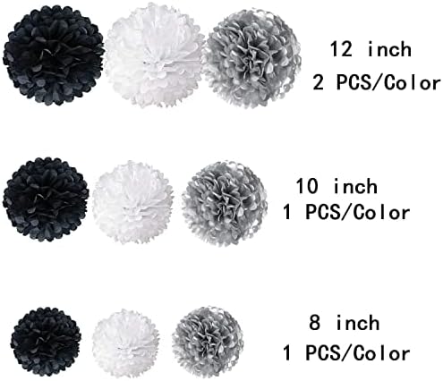 Black White Silver Paper Pom Poms 12 PCS Decorations
