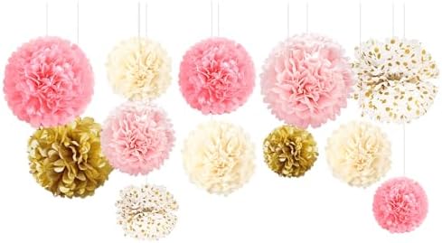 AOBKIAT Pink Gold Tissue Paper Pom Poms Set 12PCS