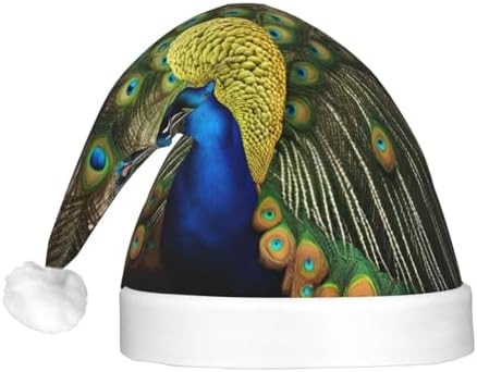 QINZHENG Peacock Feather Print Velvet Santa Hat with LED Lights