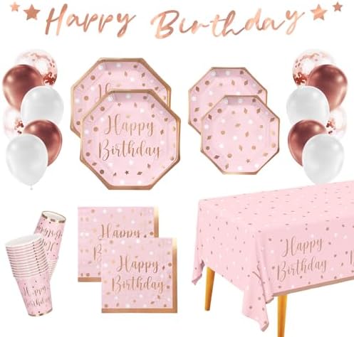 Rose Gold Birthday Party Supplies Set for 25 Guests