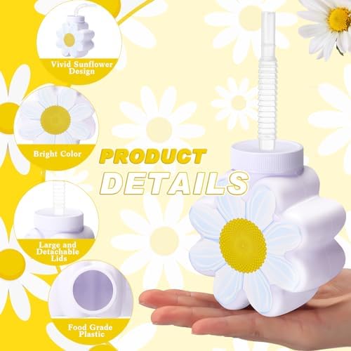 Domensi 10oz Daisy Flower Cups with Lids and Straws 12 Pcs