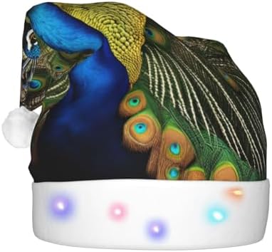 QINZHENG Peacock Feather Print Velvet Santa Hat with LED Lights