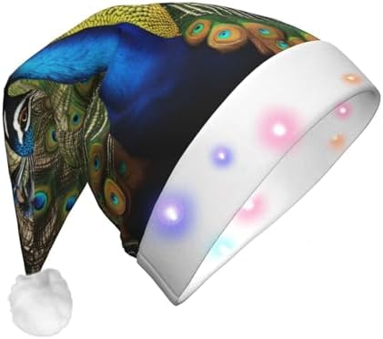 QINZHENG Peacock Feather Print Velvet Santa Hat with LED Lights