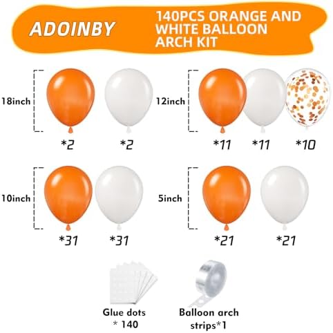 Orange and White Balloon Arch Kit 140Pcs with Garland Strip and Glue Dots