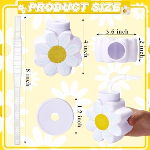 Domensi 10oz Daisy Flower Cups with Lids and Straws 12 Pcs