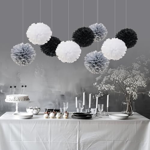 Tissue Pom Poms 12-Inch Pack of 12 Black White Silver