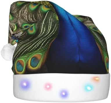 QinZheng Peacock Feather Print Santa Hat with LED Lights for Adults