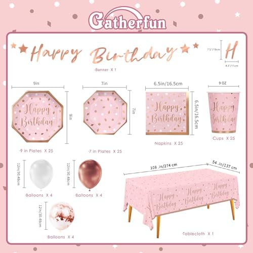 Rose Gold Birthday Party Supplies Set for 25 Guests