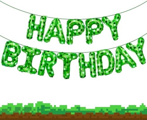 Pixel Themed Happy Birthday Banner Decor Kit with Balloons