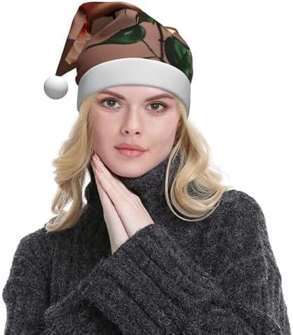 Orange Pink Rose Print Christmas Santa Hat Plush for Adult