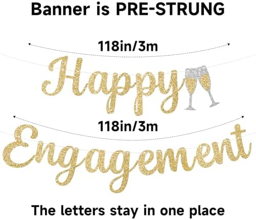 Pre-Strung Happy Engagement Banner Gold Glitter