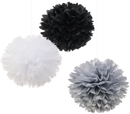 Tissue Pom Poms 12-Inch Pack of 12 Black White Silver