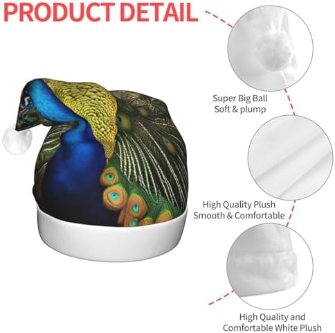 QINZHENG Peacock Feather Print Velvet Santa Hat with LED Lights