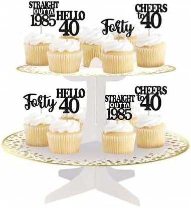 36PCS Happy 40th Birthday Cupcake Toppers Black Glitter
