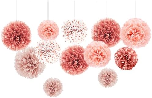 NICROLANDEE Rose Gold Tissue Paper Pom Poms 12PCS