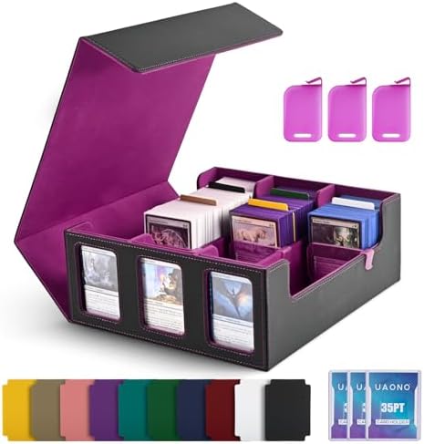 UAONO Card Storage Box with Display Window and 10 Dividers - Black Purple
