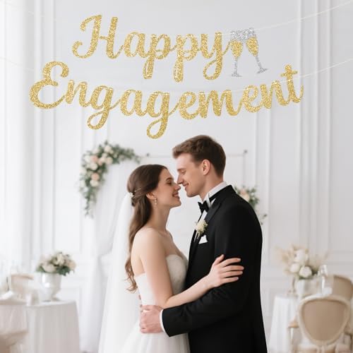 Pre-Strung Happy Engagement Banner Gold Glitter