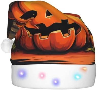 QINZHENG Halloween Pumpkin Print Velvet Santa Hat with LED Lights