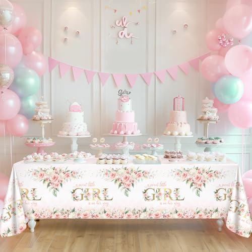 Avezano 3 Pcs Pink Floral Baby Shower Tablecloth 108x54 Inch