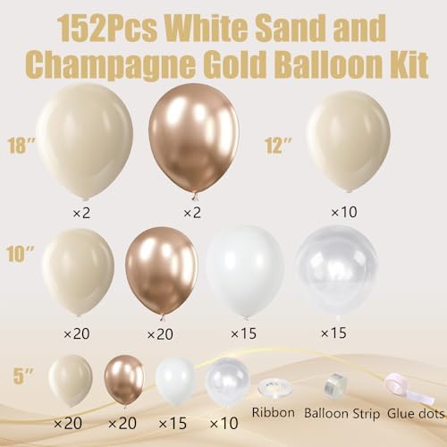 White Sand Metallic Champagne Gold Balloons Garland Arch Kit 152PCS