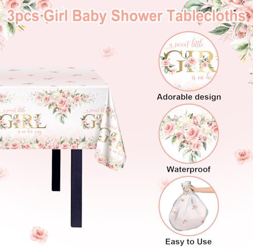 Avezano 3 Pcs Pink Floral Baby Shower Tablecloth 108x54 Inch