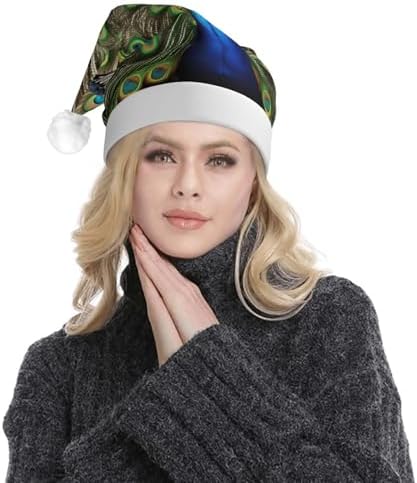 QinZheng Peacock Feather Print Santa Hat with LED Lights for Adults