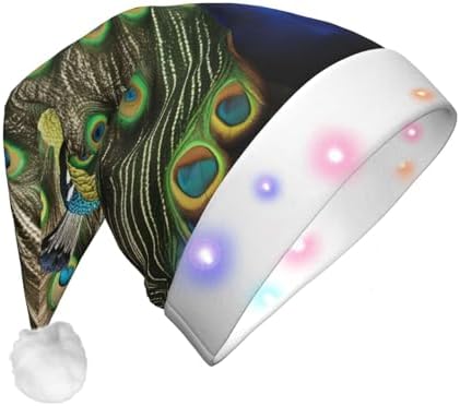 QinZheng Peacock Feather Print Santa Hat with LED Lights for Adults