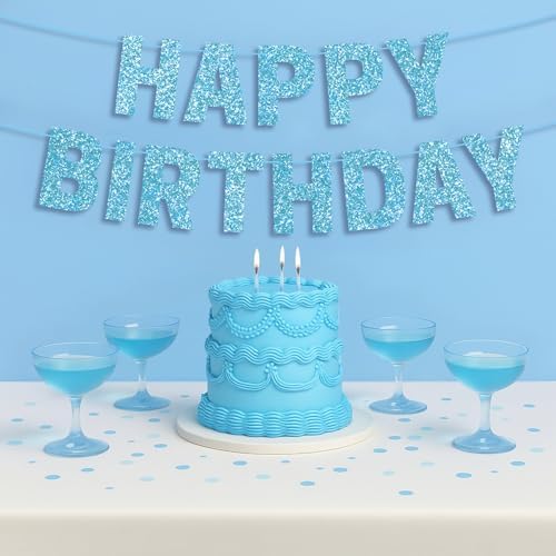 Light Blue Glitter Happy Birthday Banner - Pre-Strung