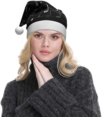 QINZHENG Black Music Notes Print Santa Hat for Women
