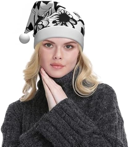 QINZHENG Black and White Flowers Santa Hat for Women