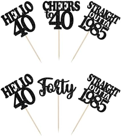 36PCS Happy 40th Birthday Cupcake Toppers Black Glitter