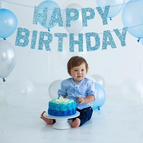 Light Blue Glitter Happy Birthday Banner - Pre-Strung