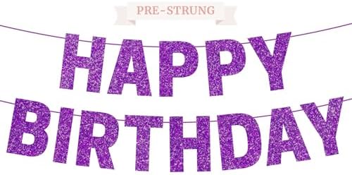 Pre-Strung Purple Glitter Happy Birthday Banner for Girls Women