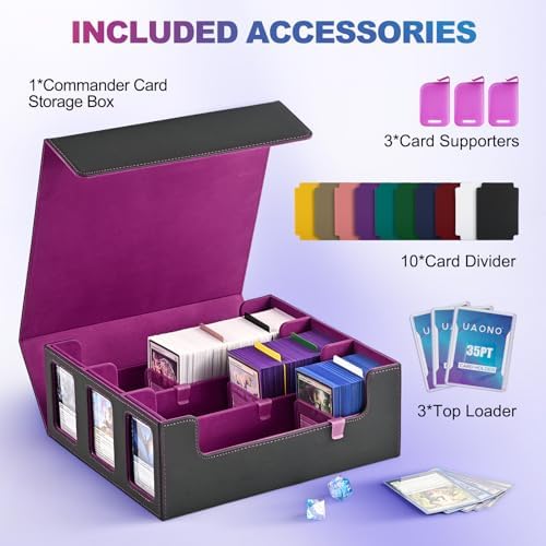 UAONO Card Storage Box with Display Window and 10 Dividers - Black Purple