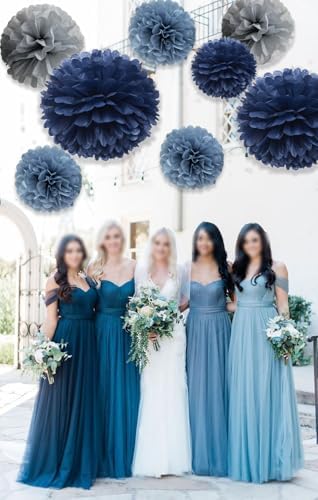 Navy Dusty Blue Gray Tissue Pom Poms Party Decorations