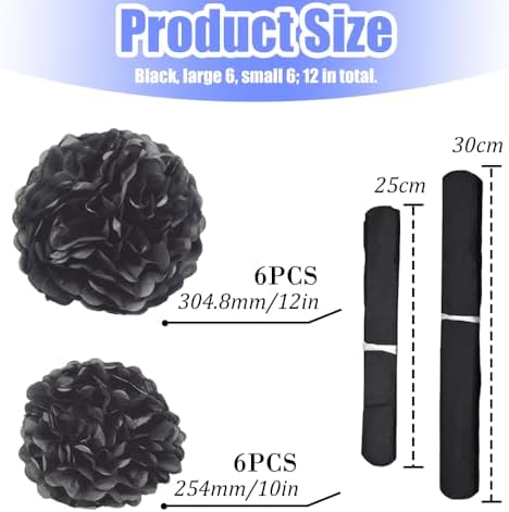 Hocansen 12Pcs Tissue Paper Pompoms 10in 12in Black Party Decorations
