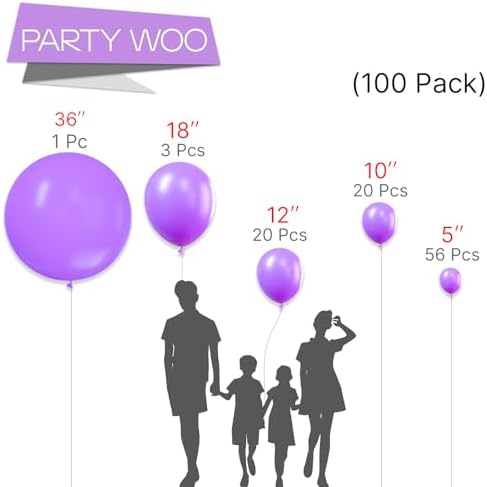 PartyWoo Purple Balloons 100 pcs Different Sizes Kit