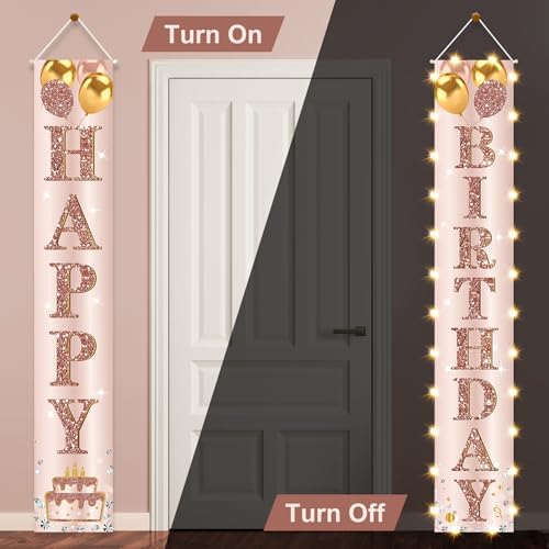 Happy Birthday LED Door Banner Decorations - Pink Rose Gold