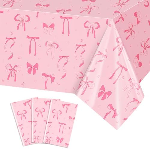 PHOGARY Pink Bow Tablecloths 3PCS for Birthday Party