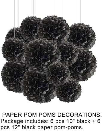 Aimto 12pcs Black Paper Pom Poms for Party Decorations
