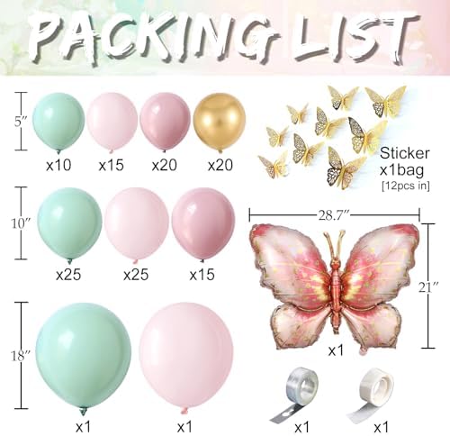 Pastel Pink Green Gold Butterfly Balloon Arch Kit for Parties