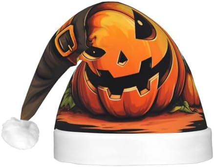 QINZHENG Halloween Pumpkin Print Velvet Santa Hat with LED Lights